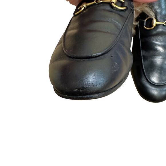 GUCCI Princetown Black Leather Fur Lined Loafer Mule with Bronze Horse Bit EU 37 - Picture 7 of 8